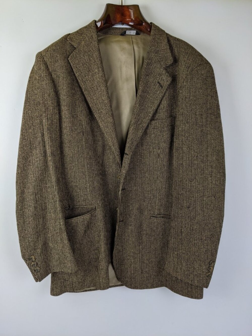 Vintage Wool Blend Houndstooth Plaid Suit Jacket Sport Coat Size 46 Brown Tan